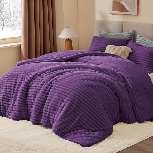 BEDELITE Fleece Full Comforter Set -Super Soft & Warm Fluffy Purple Bedding, Luxury Fuzzy Heavy Bed Set for Winter with 2 Pillow Cases - Thumbnail 3