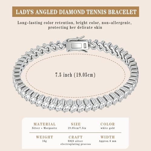 Moissanite Tennis Bracelet For Women, 7.5Ins Women's Tennis Bracelets,Marquise Cut D-Color VVS1 Platinum Plated Silver Bracelet,Hypoallergenic Bezel , Ice Crystal Sparkling,Exquisite Jewelry,with Gift Box,Ideal Gift for Wife/Her (7.5 Inches) - Thumbnail 4