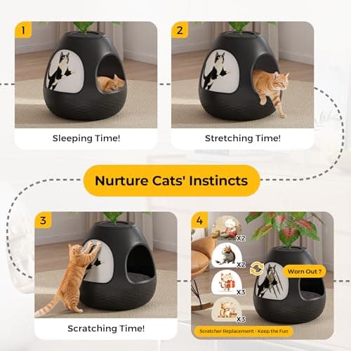 Copod8 Cat Bed Heated Pet Cave 4-in-1 Kitty Warming House Condo with Replaceable Scratching Board, Heating Pad and Air Purifier for Indoor Cats Rabbits Guinea Pigs Small Dogs (Black) - Thumbnail 6