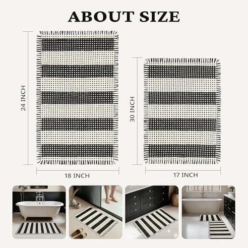 MatEssenz Bathroom Rugs Sets 2 Piece Absorbent Quick Drying Machine Washable,Non Slip, Bathroom Accessories, 17"x24"+18"x30", Black and White Stripes - Thumbnail 2