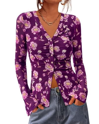 BTFBM Button Down Shirts for Women 2026 Spring Boho Tops V Neck Long Sleeve Blouses Ruched Mesh Fitted Fashion Clothing(Purple, Large) - Image 1