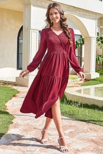 Dokotoo Dresses for Women 2026 Long Sleeve V Neck Smocked Empire Waist Ruffle Tiered Swing Split Maxi Dress Teacher Dresses Red Small - Thumbnail 3