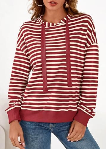 KIRUNDO Sweatshirt For Women Casual Loose Striped Long Sleeve Drawstring Hoodie Pullover Hooded Tops Fashion Clothing(Red, Medium) - Thumbnail 6