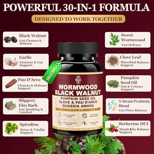 120CT 30-in-1 Liposomal Wormwood Black Walnut Clove Cleanse for Humans Capsules – Gut Cleanse & Digestive Support with Clove, Pumpkin Seed Oil, Garlic, Quassia Amara | 10X Concentrated | Vegan 1815mg - Thumbnail 2