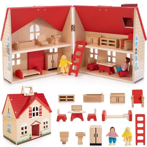 Foldable Wooden Dollhouse with 13PCS Furniture, 4 Rooms and 2 Flexible Dolls, Pretend Play Doll House Set with Portable Handle, Christmas Birthday Gift for Boys Girls Age 3+ - Image 1