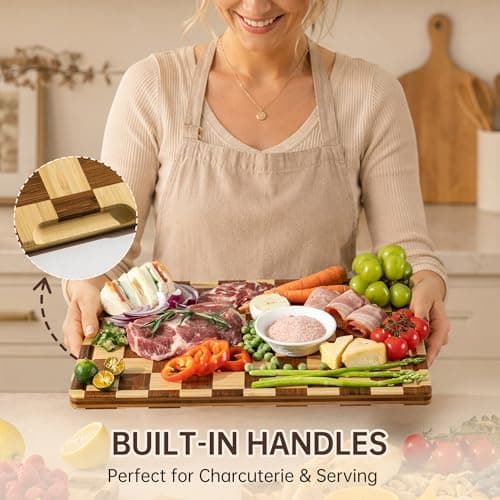 THETCHRY Checkered Bamboo Cutting Board, Thick End-Grain Wood Cutting Boards for the Kitchen, Chopping Boards with Juice Groove, Non-Slip, Durable & Crack-Resistant, Perfect Gifts 16.5” x 11.6” x 0.8” - Thumbnail 6