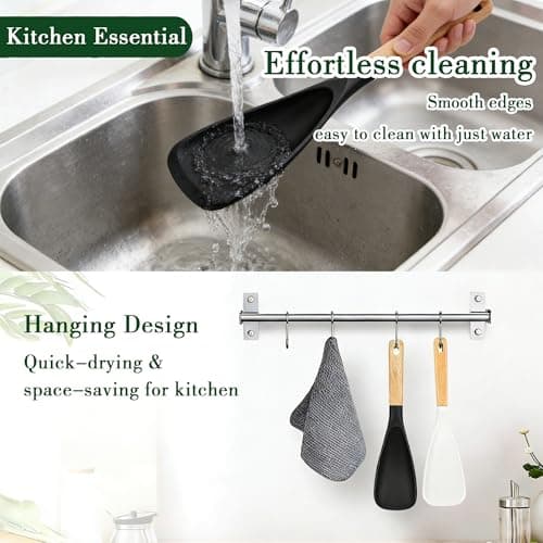 Silicone Cooking Spoon for Nonstick Cookwares - Heat Resistant Silicone Spatula & Serving Spoon, BPA-Free Wood Handle Spoon for Mixing Scoop Scrape, Kitchen Utensils Set Alternative(Black+White) - Thumbnail 5