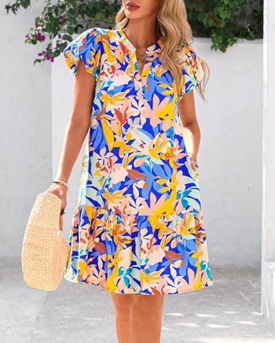 dowerme Womens Summer Dresses 2026 Puffy Sleeve V Neck Loose Floral Print A Line Boho Mini Babydoll Dress with Pockets(Multicolored,Medium) - Thumbnail 6