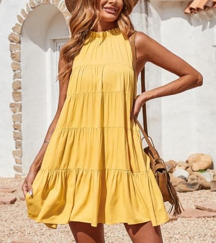 Okiwam Womens Summer Halter Dresses Sleeveless A Line Tiered Swing Mini 2025 Fall Casual Boho Beach Vacation Sundress-S Yellow - Thumbnail 2