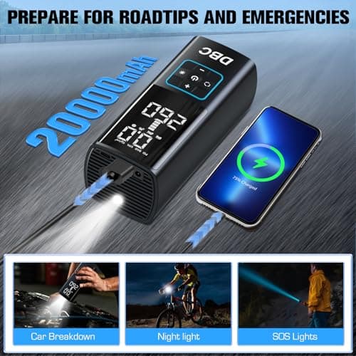 DBC Tire Inflator Portable Air Compressor, 3X Faster Cordless Bike Pump, 20000mAh & 150PSI Portable Air Pump for Car Tires With Digital Dual Values Display for Car, Bike, Motorcycle, Ball - Thumbnail 6