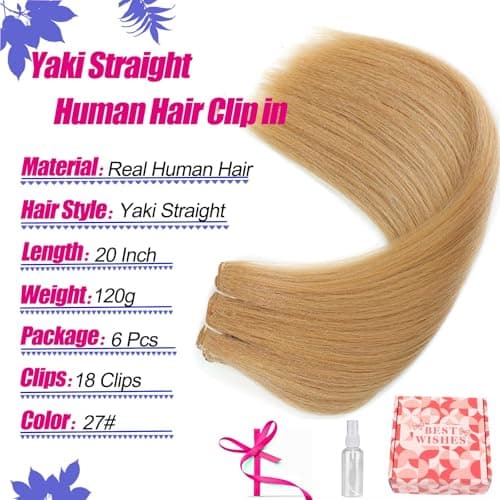 Yaki Straight Clip in Hair Extensions Real Human Hair 120g 6pcs Remy Human Hair Extensions Double Weft Clip ins for Women (27#, 20 Inch) - Thumbnail 3