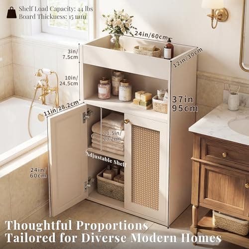 OMCHOM 37.5" Narrow Freestanding Bathroom Storage Cabinet with Rattan Doors, Top Enclosed Guardrail Shelf, High Density Solid MDF Adjustable Shelf, White Bathroom Organizer (White) - Thumbnail 2