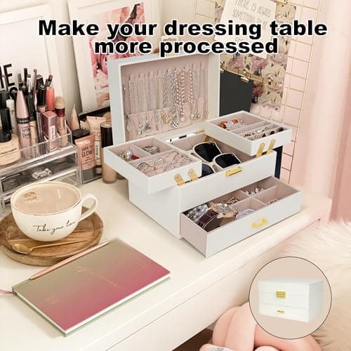 Dajasan Jewelry Box for Women, 3 Layers Large Jewelry Organizer Box, Jewelry Storage Case for Earring, Ring, Necklace, Bracelets (Cloud White + Gold) - Thumbnail 5