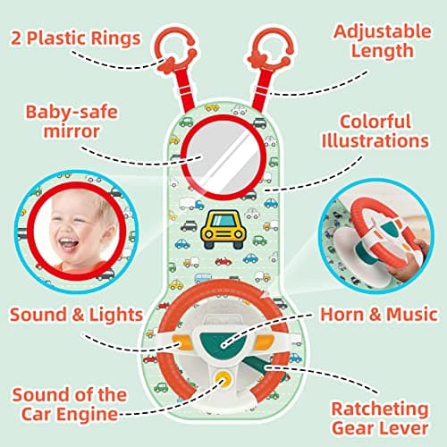 COVTOY Carseat Toy for Infants, Baby Steering Wheel Toys with Mirror, Music Lights 6-12 Months Baby Toys for Car Seat - Thumbnail 3