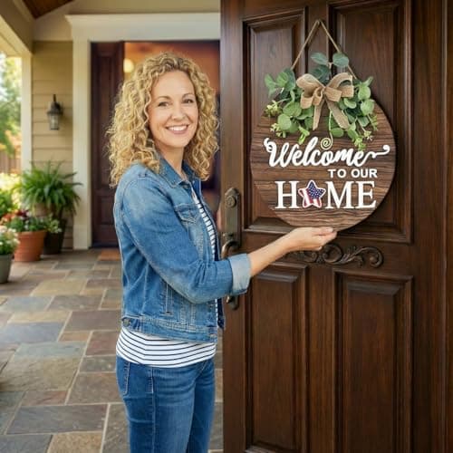 Interchangeable Welcome Sign for Front Door - Rustic Wood Wreath, Farmhouse Porch Hanging for Housewarming Gifts, New Home, Front Door & Porch Decor (12in Round) - Thumbnail 2