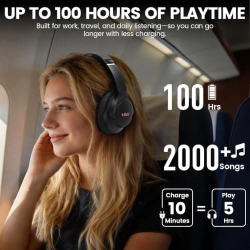 1Mii Y8+ Hybrid Active Noise Cancelling Headphones, 100H Ultra Playtime, Bluetooth 6.0 Over Ear, Wireless Hi-Res Audio & Deep Bass, Comfort for Travel & Home Office, AI Chat & Custom EQ via APP, Black - Thumbnail 5