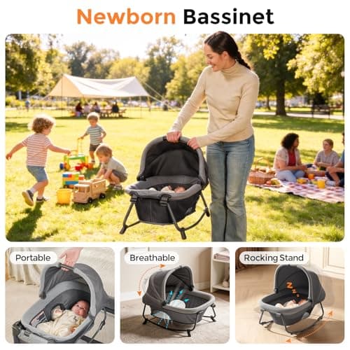 Pamo Babe Pack and Play with Bassinet - 7 in 1 One-Step Setup Bedside Crib, Portable Playpen, Travel Crib, Baby Playard with Diaper Changing Station, Toy Bar & Large Storage Bag - Thumbnail 6