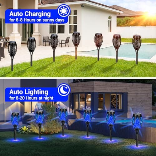 AOUNQ 4 Pack Solar Torch Lights Outdoor Waterproof - Blue Flickering Flame, Outdoor Solar Garden Lights for Yard, Tiki Torches for Outside Patio Pathway Decorations - Thumbnail 3