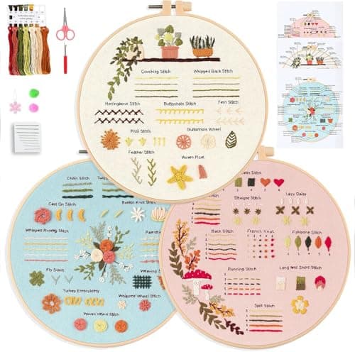 FEIYUENO Beginner Embroidery Kit for Adults, 3-Pack Easy Needlepoint Starter Kits with Pre-Stamped Flower Embroidery Patterns, 7.8" Hoop, Floss & Needles, Step-by-Step Guide (Plant)
