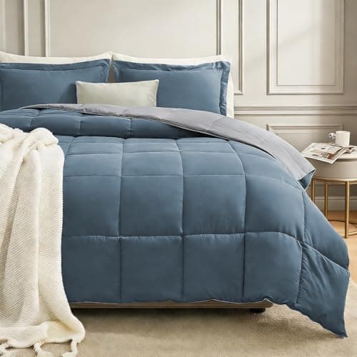 PAJEO Twin Down Alternative Comforter,Fluffy & Breathable All Season Comforter, Reversible Colors Twin Duvet Insert for Master Bedroom & Dorm Room Essentials,Dark Blue/Grey - Image 1