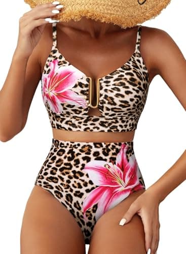Herseas Women U Wire Two Piece Bikini Sets Floral Print Swim Suits Crisscross Back High Waisted Tummy Control Flattering Bathing Suit Fashionable Swim Outfits Summer Leopard Pink Lily XX-Large - Image 1