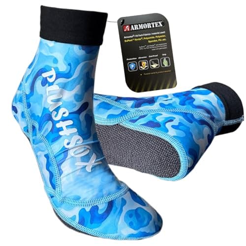 PLUSHSOX Sand Proof Beach Sport Socks with Kevlar Grip for Women Men - Ankle-Length Socks for Volleyball, Soccer, Paddleboarding, All-Day Comfort & Tournament Play, Blue Camouflage, 2XL