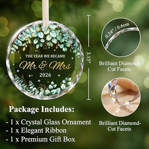 Wedding Gifts for Couples 2026, Premium Crystal Glass First Christmas Married Ornament, Mr and Mrs Gifts for Newlyweds, Just Married Bridal Shower Decor, Unique Keepsake Present for Bride & Groom - Thumbnail 3