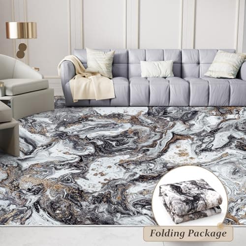 GEMBED Washable Area Rug 8x10 - Artistic Style Modern Rug for Living Room Bedroom Dining Room, Soft Low Pile Machine Washable Carpet, Non Slip Non Shedding Area Rug - Black/Gold, 8'x10' - Thumbnail 6