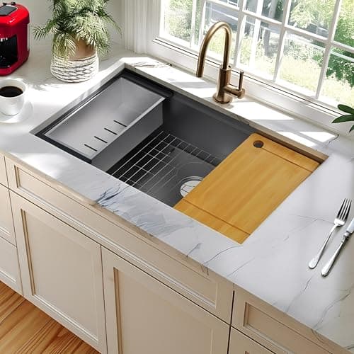 GKFF Kitchen Sink 16-Gauge Workstation S304 Stainless Steel Kitchen Sinks Handmade Modern Single Bowl Deep Sink with Accessories and Integrated fregaderos de cocina modernos (32" x 19" x 10") - Thumbnail 4