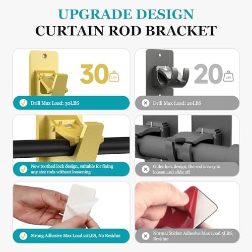Adhesive No Drill Curtain Rod Brackets - Heavy Duty 30LB Holders for Bathroom Bedroom Kitchen, Universal Damage-Free Window Rod Hooks with Nail-Free Installation (4PC Gold) - Thumbnail 4