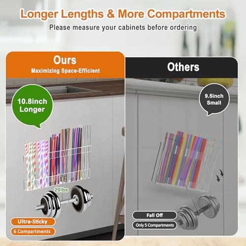 WTBRAYMX 2 Pack 10.8" Extra Large Straw Organizer, 6 Slots Heavy-Duty Acrylic Straw Holder for Cabinet Door & Cupboard, Two-Piece Reusable Straw Storage with Ultra Sticky Adhesive Tape (Crystal Clear) - Thumbnail 2