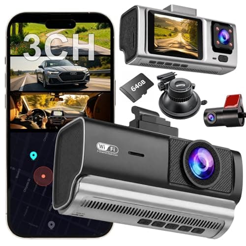 3 Channel Dash Cam Front and Rear Inside,2.5K+1080P+1080P Dash Camera for Cars,Free 64GB Card,Dashcam with WiFi,APP Control,Parking Monitor,Night Vision,Loop Recording