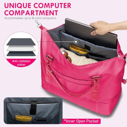 WOOMADA Weekender Overnight Bag for Women, Shoulder Travel Duffel with Shoes Compartment,Gym Bag with Toiletry Bag Large Size(hot pink) - Thumbnail 3