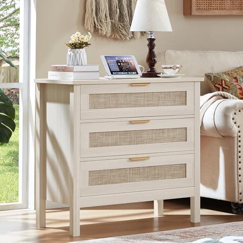 LEYAOYAO 31.5" Wide Rattan Night Stand with Charger Station, Large Boho 3 Drawer Nightstand, Grey White Bedside Table with Storage, 30" Tall Bed Side End Tables for Bedroom, Living Room, Hallway - Thumbnail 5