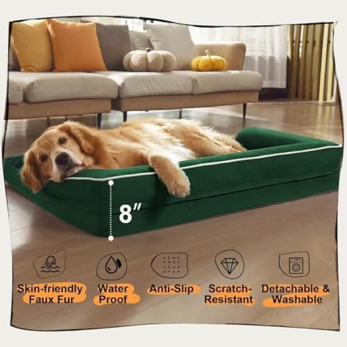 Large Dog Bed Orthopedic Washable - Waterproof Removable Cover - Medium XLarge Big Dogs - Egg Foam Couch - Emerald Dog Beds Bolster with Sides - Thumbnail 6