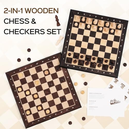 Peradix Wooden Chess Set for Kids Magnetic 12'' Checkers Chess Board Game Set 2 in 1 with Drawer, Unique Chess Pieces with 2 Extra Queens, Family Board Games Educational Sets - Thumbnail 4
