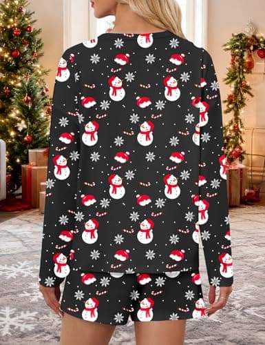 JUSTFASHIONNOW Womens Christmas Pjs Pajamas Set 2 Piece Lounge Set Women Snowman Printed Short Sleeve Split Shorts Sets Casual Xmas Shorts Sets Comfy Loungewear Outfits (Black, XX-Large) - Thumbnail 5