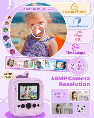 Kids Camera Instant Print, Christmas Birthday Gifts for Gils Age 3-8, 48MP &1080P Children Camera with Silicone Cover, Portable Toy Instant Camera for Kids 3 4 5 6 7 8 9 10 Year Old Girls - Thumbnail 4