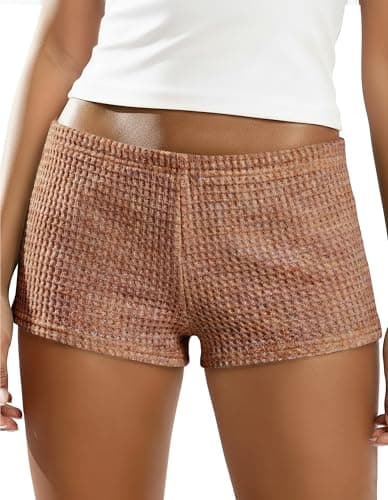 IWOLLENCE Women's Micro Shorts Knit Lowrise Y2K Going Out Bottoms Booty Mini Shorts Gingham Summer Beach Coverup Hotpants Pastel Khaki, L - Image 1