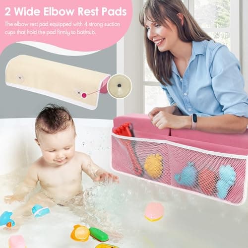 RelaxaTub Bath Kneeler and Elbow Rest Pad Set - 2-Inch Thick Comfortable Baby Bath Kneeler Pads, Quick-Dry Non-Slip Bathtub Mat with Toy Organizer for Knee & Arm Support for Baby Bath Time - Thumbnail 2