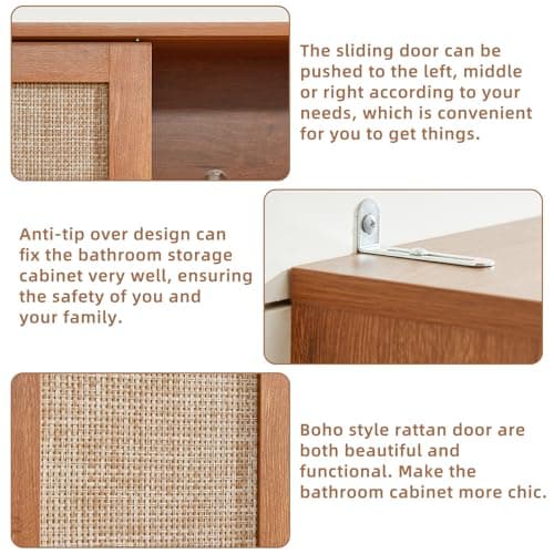 LEYAOYAO Over The Toilet Storage Cabinet with Rattan Sliding Door, 68" Tall Wood Above Toilet Bathroom Organizer w/Adjustable Shelf & Curved Profile, Space Saver Freestanding Washer Shelf - Thumbnail 3