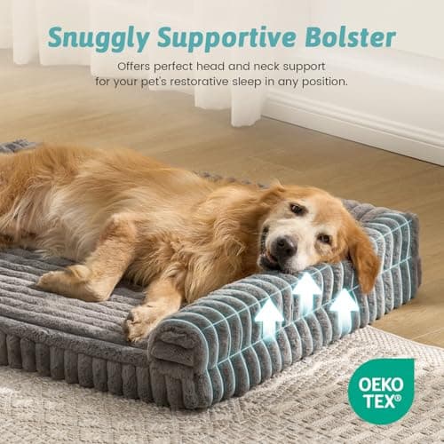 COZY KISS Ultra Soft Faux Rabbit Fur Dog Bed for Large Dogs – 48"x35" Orthopedic Foam Couch, Removable Washable Cover & Waterproof Lining, Grey - Thumbnail 6