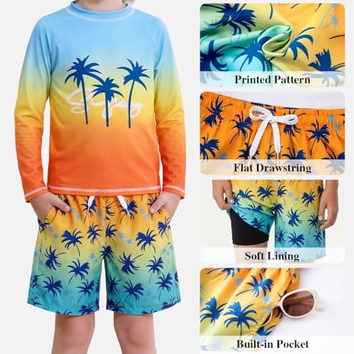 Belovance Boys Two Piece Rash Guard Swim Set Kids Long Sleeve Bathing Suit Swimwear Shirt with Trunks Swimming Suits Surfing Beach Clothes Quick Dry Size 9 10 Blue Orange Coconut Tree - Thumbnail 5