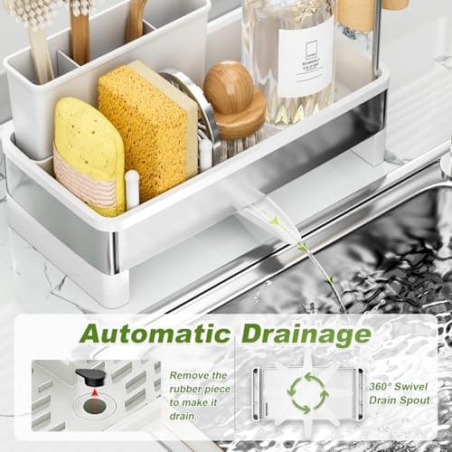 Ewaiira Stainless Steel Sink Caddy, Sponge Holder for Kitchen Sink with Brush Holder & Dishcloth Rack, Rustproof Organizer Countertop, Soap Dispenser Kitchen Organizers Storage Essentials, White 9.8″ - Thumbnail 5