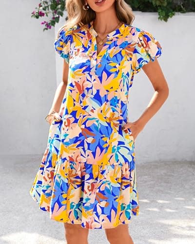 dowerme Womens Summer Dresses 2026 Puffy Sleeve V Neck Loose Floral Print A Line Boho Mini Babydoll Dress with Pockets(Multicolored,Medium) - Thumbnail 3