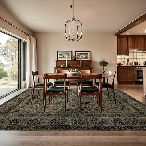 Boho Washable Rug for Living Room: Vintage 8x10 Area Rugs for Bedroom Soft Non Slip - Thin Stain Resistant Carpet for Dining Room Indoor - Dark Green - Thumbnail 4