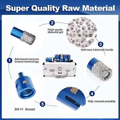 Diamond Core Drill Bit Set for Porcelain Tile Ceramic Marble Granite Drilling,BRSCHNITT 9pcs Vacuum Brazed Diamond Hole Saw with 5/8-11 Thread （1/4" 3/8" 4/5" 1-3/8" 2" 2-1/2"） - Thumbnail 6
