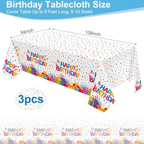 NatNarr 3 Pack Plastic Birthday Tablecloth, 54 x 108 Inch Disposable PE Happy Birthday Tablecloth Waterproof Rectangle Birthdays Party Table Cover for Birthdays Party Decorations - Thumbnail 2
