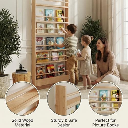 Baveke Kids Bookshelf, 6 Tier Shelves Behind The Door Book Shelf Storage, Children's Solid Wood Bookcase, Wall Mount Bookshelf for Bedroom, Living Room, Nursery（（FSC-Certified Wood）） - Thumbnail 3