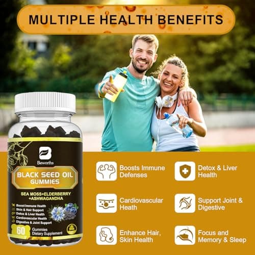 Black Seed Oil & Sea Moss Gummies, 2Pack Irish Sea Moss Gummies with Black Seed Oil, Ashwagandha Extract, Elderberry, Turmeric, Vitamin C, Vitamin D3 - Immune Support, Joints, Digestion, Hair & Skin - Thumbnail 4